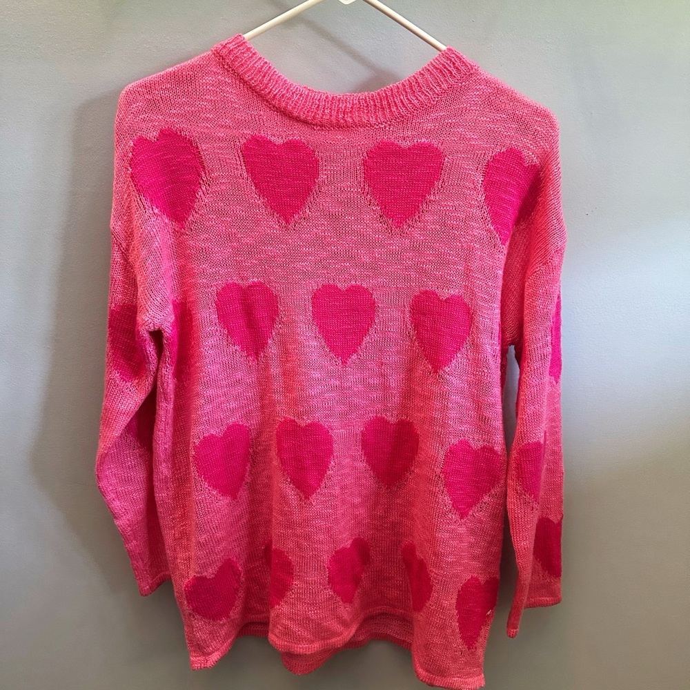 Pink Lily Heart Pattern Crew Neck Sweater